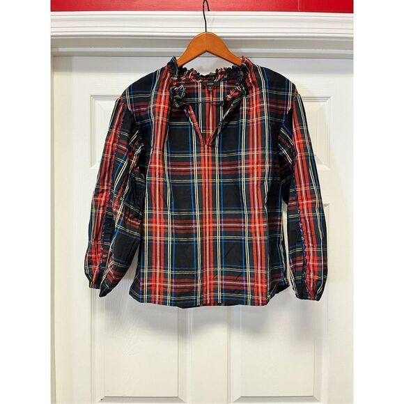 J. Crew Scalloped Neck Stewart Plaid Tartan Holiday Top sz S EUC - Picture 2 of 8